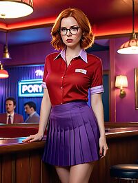 A 42 year old woman with messy ginger hair and dark blue eyes in a red shirt and purple skirt dances on stage at the indoor strip club